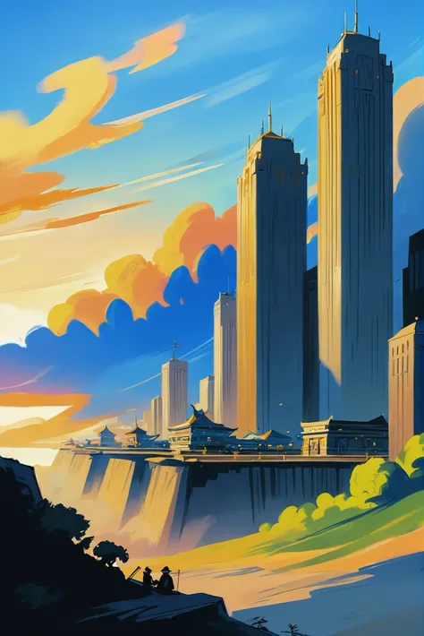 rough digital painting, sketch, anime style, golden hour, scenery, metropolis in a Cloud Kingdom<lora:EnvyStarlightAnimeDigitalPainting02:1>