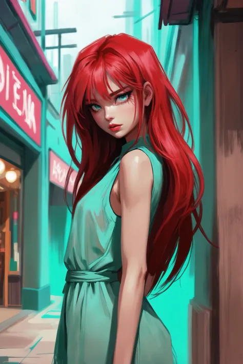 rough digital painting, sketch, anime style, 1girl, woman, Spider Lily faerie, see-through gossamer, >o<, bombshell hair, crimson hair with aqua highlights, long bombshell hair, sienna clothes, toned hourglass figure, (asian:1.3),abandoned shopping mall in a dystopian,african fantasy vertical metropolis outside of time, masterpiece<lora:EnvyStarlightAnimeDigitalPainting02:1>