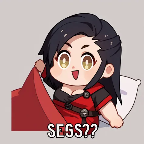 score_9, score_8_up, score_7_up, source_anime, Seggs, chibi, open mouth, smile, english text, <lora:Seggs_XLPD:1.1>, <lora:zs_KagaXL:1> kagasmtiv, long hair, black hair, asymmetrical hair, makeup, lipstick, red dress, black undershirt, cleavage