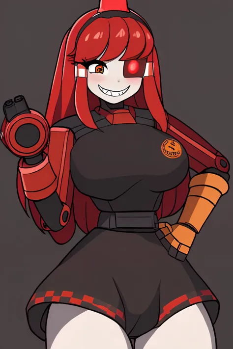 minisentry, minisentry tf2, girl, young girl,feminine features, robot girl, iron parts, solo, red hair, medium chest,beautiful chest, slender figure, beautiful figure, in overalls, red-gray jumpsuit, hand turret, iron hands, right hand turret, left hand with 3 fingers, flashing light on the head, right eye TF2 sign, left implant, eye implant, left red eye <lora:Mini-Sentry:0.8>