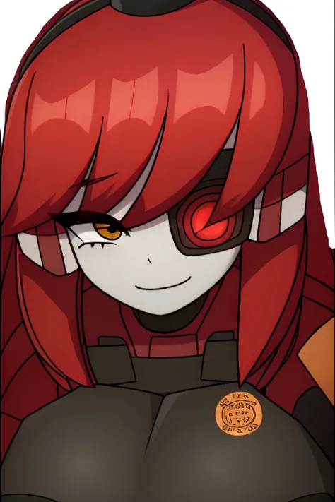 minisentry, minisentry tf2, girl, young girl,feminine features, robot girl, iron parts, solo, red hair, medium chest,beautiful chest, slender figure, beautiful figure, in overalls, red-gray jumpsuit, hand turret, iron hands, right hand turret, left hand with 3 fingers, flashing light on the head, right eye TF2 sign, left implant, eye implant, left red eye <lora:Mini-Sentry:0.8>