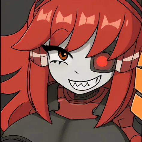 minisentry, minisentry tf2, girl, young girl,feminine features, robot girl, iron parts, solo, red hair, medium chest,beautiful chest, slender figure, beautiful figure, in overalls, red-gray jumpsuit, hand turret, iron hands, right hand turret, left hand with 3 fingers, flashing light on the head, right eye TF2 sign, left implant, eye implant, left red eye <lora:Mini-Sentry:0.8>