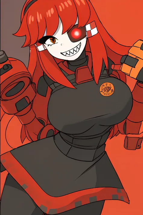 minisentry, minisentry tf2, girl, young girl,feminine features, robot girl, iron parts, solo, red hair, medium chest,beautiful chest, slender figure, beautiful figure, in overalls, red-gray jumpsuit, hand turret, iron hands, right hand turret, left hand with 3 fingers, flashing light on the head, right eye TF2 sign, left implant, eye implant, left red eye <lora:Mini-Sentry:0.8>