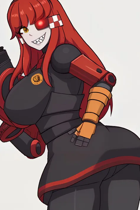 minisentry, minisentry tf2, girl, young girl,feminine features, robot girl, iron parts, solo, red hair, medium chest,beautiful chest, slender figure, beautiful figure, in overalls, red-gray jumpsuit, hand turret, iron hands, right hand turret, left hand with 3 fingers, flashing light on the head, right eye TF2 sign, left implant, eye implant, left red eye <lora:Mini-Sentry:0.8>