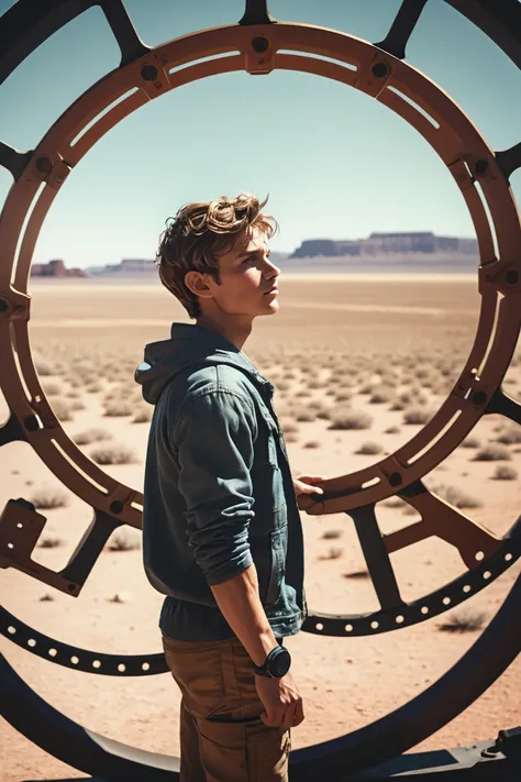 photograph, cinematic color grading, radial, scifi, <lora:EnvySendNoodzXL01:-0.5>1boy, man, ruggedly handsome, noon, scenery, "at the Ephemeral Machine"<lora:EnvyBetterHiresFixXL01:0:hr=1><lora:EnvyRadialXL01:1>