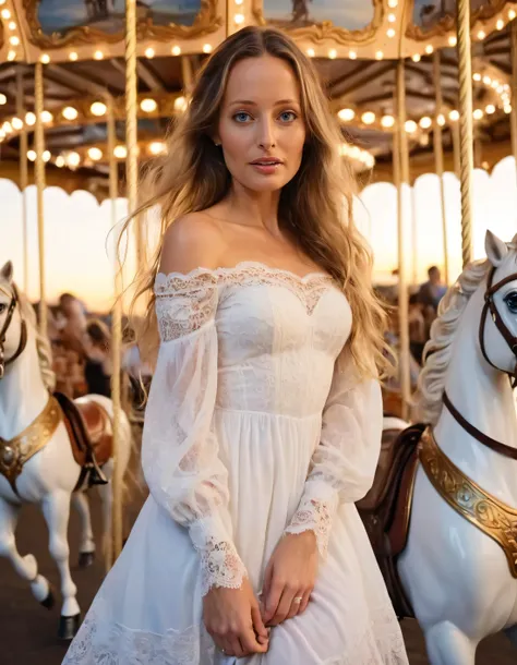 Renee Amberg, with her vibrant blue eyes and cascading golden locks, graced the vintage carousel at sunset wearing a stunning flowy white off-the-shoulder dress adorned with intricate lace details that danced in the fading light, capturing everyone's attention as she posed majestically before a stationary wooden horse, reflecting both her and the setting's magical essence, all framed perfectly by the camera capturing this unforgettable moment. <lora:pyujyy18f5ffae304q135:1>