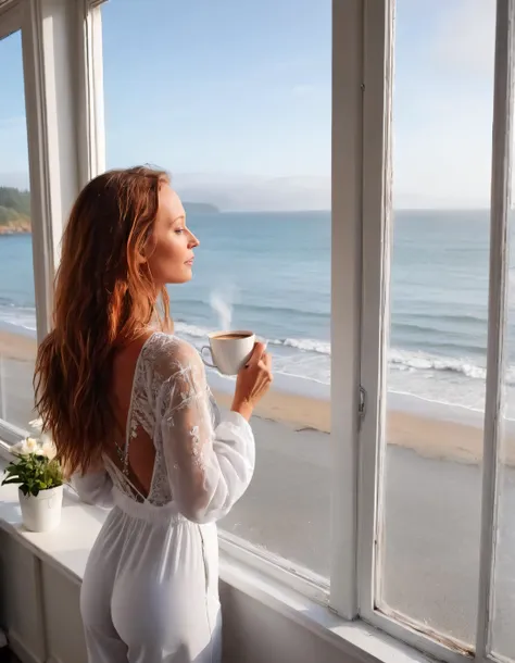 Renee Amberg, with her vibrant red locks cascading down the back of her flawlessly tanned shoulders, stood on a misty morning at a quaint seaside café near the grey-blue sea, clad in a stunning white jumpsuit embellished with intricate silver embroidery and a matching necklace, one hand resting on the windowframe as she sipped from her steaming cup of coffee while gazing thoughtfully out towards the vast ocean, capturing both a moment of reflection and longing for the mysteries that lay beyond the shore. <lora:pyujyy18f5ffae304q135:1>