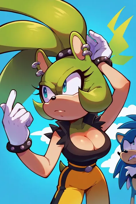 score_9,  score_8_up, 2D, flat color, 1girl, flat background, surge the tenrec, by sonic team, cleavage, portrait, above shoulder, unamused, looking to side, pissed off, swiggle above head, sound line <lora:Smooth Anime 2 Style SDXL_LoRA_Pony Diffusion V6 XL:1>  <lora:SurgeSDXL:0.75>