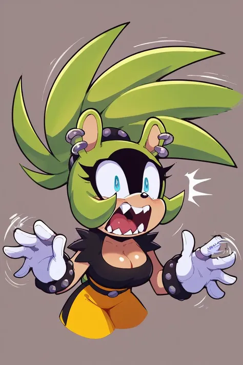 score_9, score_8_up, 2D, flat color, 1girl, flat background, surge the tenrec, by sonic team, cleavage, portrait, above shoulder, shocked, wide eyes, mouth open, sound lines <lora:Smooth Anime 2 Style SDXL_LoRA_Pony Diffusion V6 XL:1> <lora:SurgeSDXL:0.75>