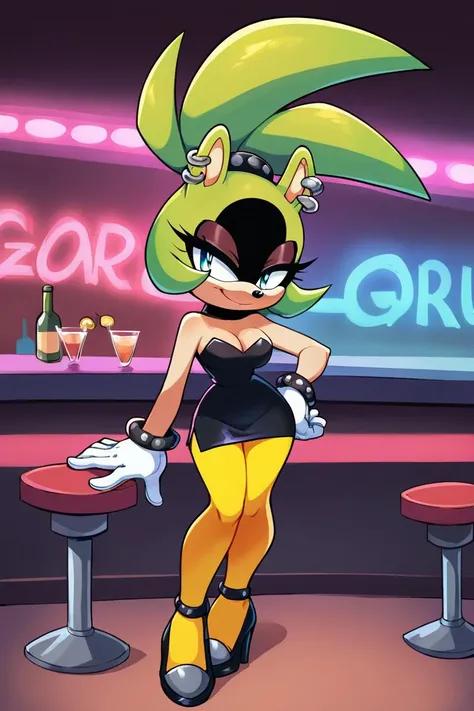 score_9, score_8_up, 2D, flat color, 1girl, solo, indoors, nightclub, at the bar, surge the tenrec, by sonic team, cleavage, half-closed eyes, smile, closed mouth, dress, black dress, bare shoulders, green body fur, high-heels, tube dress, short dress, cowboy shot, wide hips, narrow waist, yellow pantyhose, hand on own hip <lora:Smooth Anime 2 Style SDXL_LoRA_Pony Diffusion V6 XL:1> <lora:SurgeSDXL:0.70>