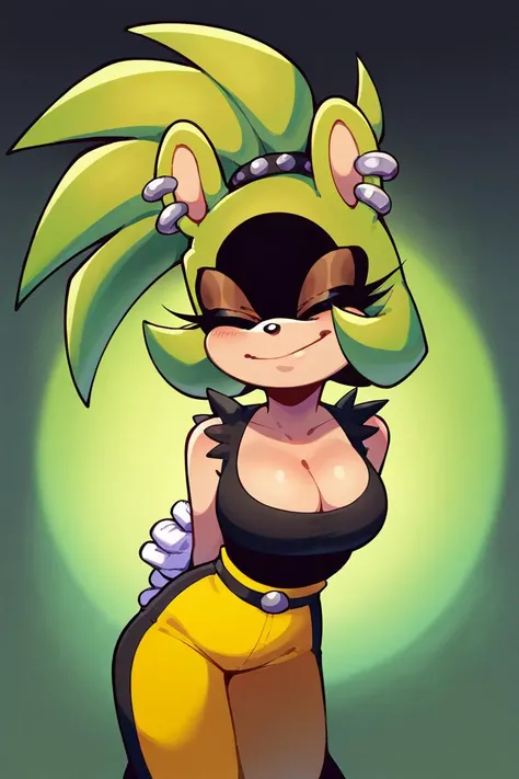 score_9,score_8_up,score_7_up, source_cartoon, source_furry, 8k,4k,((Best quality, masterpiece, ultra high resolution)),((full body)), SurgeV2,blue eyes, furry,furry female, sharp teeth, animal nose, green hair, ponytail, animal ears, green skin,  spiked hair, ((nude, pussy, small breasts, bare foot, feets with three toes)), ear piercing, rings, earrings, piercing, standing, hands on hip, beach, clear sky,