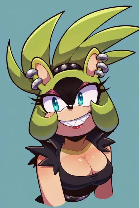score_9, score_8_up, 2D, flat color, 1girl, flat background, surge the tenrec, by sonic team, cleavage, portrait, above shoulder <lora:Smooth Anime 2 Style SDXL_LoRA_Pony Diffusion V6 XL:1> <lora:SurgeSDXL:0.75>