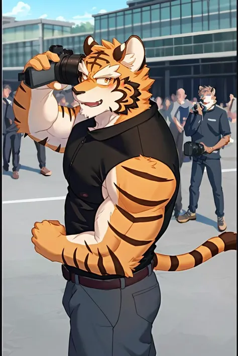 bara, furry, furry_male,male focus,muscular male, orange eyes,tiger furry,tiger ears, <lora:grant-000008:0.7>,1boy, solo,
public, photographers, <lora:public_v3.0-locon:1>