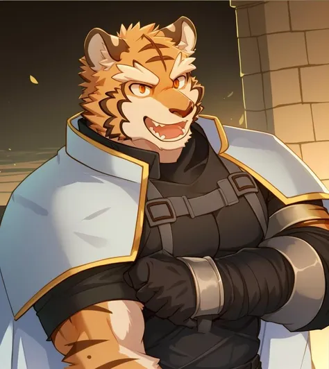 bara, furry, furry_male,male focus,muscular male, orange eyes,tiger furry,tiger ears, <lora:grant-000008:0.7>,1boy, solo,
knight, fangs,
((five fingers))