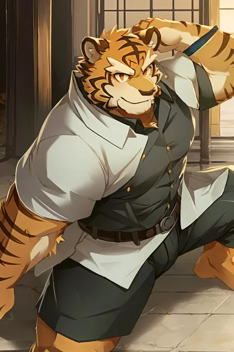 bara, furry, furry_male,male focus,muscular male, orange eyes,tiger furry,tiger ears, 1boy, solo,looking at viewer, <lora:grant-000008:0.7>,grant,
fighting stance,