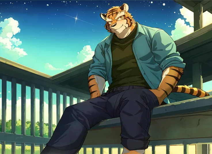 bara, furry, furry_male,male focus,muscular male, orange eyes,tiger furry,tiger ears, 1boy, solo,looking at viewer, <lora:grant-000008:0.7>,grant,
daily outfit,informal clothes,
detail background, sky, scenery, cloud, building, outdoors, railing, star (sky), city, cloudy sky, from below, blurry, starry sky, standing, wide shot, sunlight, sitting, depth of field, stairs ,<lora:halation-noiseoffset-locon-32:0.7>