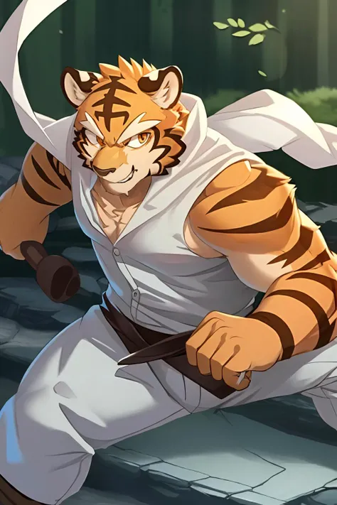 bara, furry, furry_male,male focus,muscular male, orange eyes,tiger furry,tiger ears, 1boy, solo,looking at viewer, <lora:grant-000008:0.7>,grant,
confident,fighting stance,