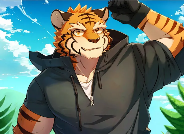 bara, furry, furry_male,male focus,muscular male, orange eyes,tiger furry,tiger ears, 1boy, solo,looking at viewer, <lora:grant-000008:0.7>,grant,
Outdoor clothing,Casual clothing,
detail background, outdoors,sky,tree,cloudy sky,day, <lora:halation-noiseoffset-locon-32:0.7>