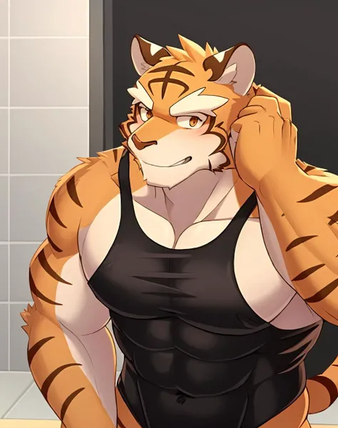 bara, furry, furry_male,male focus,muscular male, orange eyes,tiger furry,tiger ears, 1boy, solo,looking at viewer, <lora:grant-000008:0.7>,grant,
theft, shy,bashfulness,underwear theft,