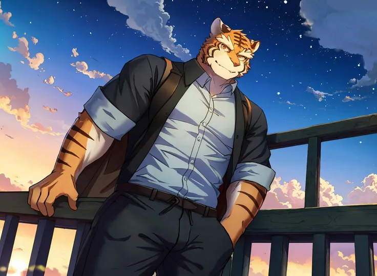bara, furry, furry_male,male focus,muscular male, orange eyes,tiger furry,tiger ears, 1boy, solo,looking at viewer, <lora:grant-000008:0.7>,grant,
daily outfit,informal clothes,
detail background, sky, scenery, cloud, building, outdoors, railing, star (sky), city, cloudy sky, from below, blurry, starry sky, standing, wide shot, sunlight, depth of field, <lora:halation-noiseoffset-locon-32:0.7>