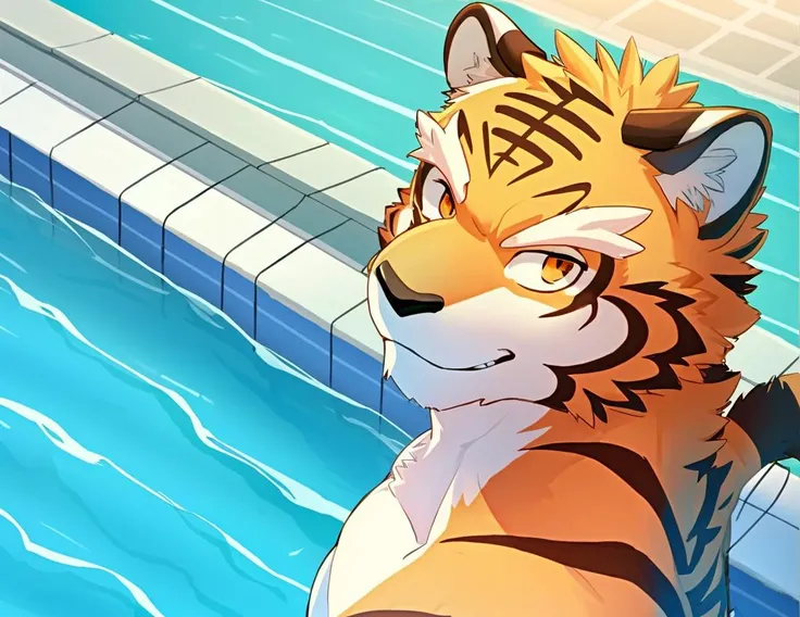 bara, furry, furry_male,male focus,muscular male, orange eyes,tiger furry,tiger ears, <lora:grant-000008:0.7>,1boy, solo,
 from above,selfie,in swimming pool