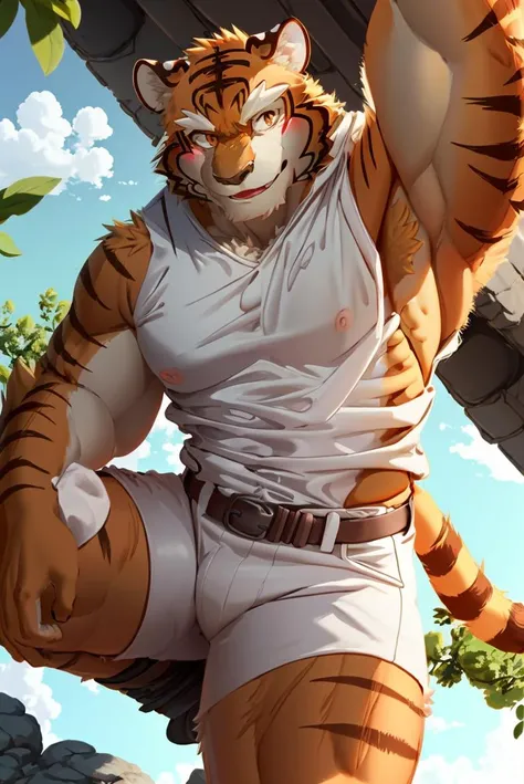 bara, furry, furry_male,male focus,muscular male, orange eyes,tiger furry,tiger ears, <lora:grant-000008:0.7>,1boy, solo,
from below, <lora:povsitting:0.8>