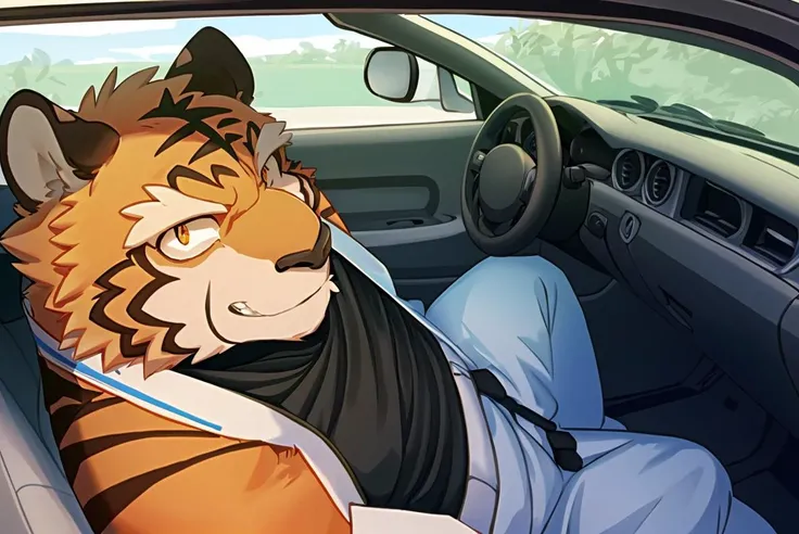 bara, furry, furry_male,male focus,muscular male, orange eyes,tiger furry,tiger ears, <lora:grant-000008:0.7>,1boy, solo,
(top down:1.5), (close-up1.5), lying in car