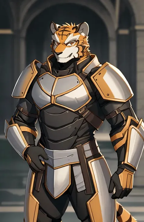 bara, furry, furry_male,male focus,muscular male, orange eyes,tiger furry,tiger ears, <lora:grant-000008:0.7>,1boy, solo,
bodysuit, <lora:ArmorSuit_v01:0.5>,armor,