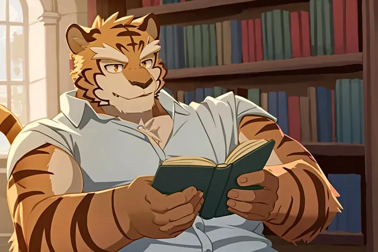 bara, furry, furry_male,male focus,muscular male, orange eyes,tiger furry,tiger ears, <lora:grant-000008:0.7>,1boy, solo,
in library, reading,reading a book,