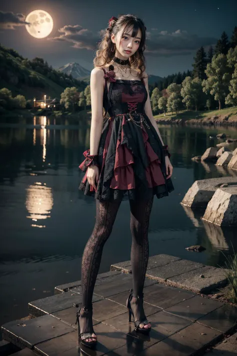 (realistic:1.3), finely detailed, quality, rembrandt lighting, (masterpiece:1.2), (photorealistic:1.2), (best quality), (detailed skin:1.3), (intricate details), dramatic, ray tracing, 1girl, japanese girl, 21 years old, detailed skin texture, (blush:0.5), (goosebumps:0.5), subsurface scattering, smiling, medium breasts, long hair curls, bangs, hair between eyes, hair ornaments, choker, black and red dress, short dress, lace, frills, sg \(manaka nemu\), lace socks, high heels, full body, (arms at side:1.2), (night, lake, moon, reflection, outdoors, night sky), <lora:Dress No.14 V3 sg:0.9>