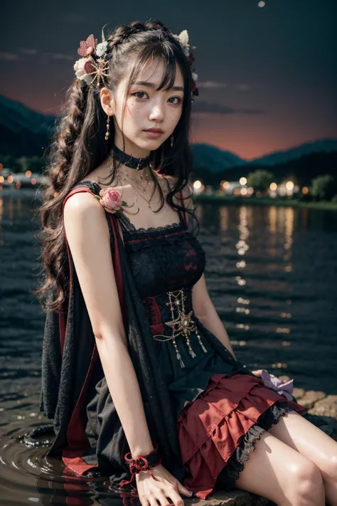(realistic:1.3), finely detailed, quality, rembrandt lighting, (masterpiece:1.2), (photorealistic:1.2), (best quality), (detailed skin:1.3), (intricate details), dramatic, ray tracing, 1girl, japanese girl, 21 years old, detailed skin texture, (blush:0.5), (goosebumps:0.5), subsurface scattering, smiling, medium breasts, long hair curls, bangs, hair between eyes, hair ornaments, choker, black dress, short dress, lace, frills, sg \(manaka nemu\), cowboy shot, sitting, feet in water, (arms at side:1.2), (night, lake, reflection, outdoors, night sky), <lora:Dress No.14 V3 sg:0.9>