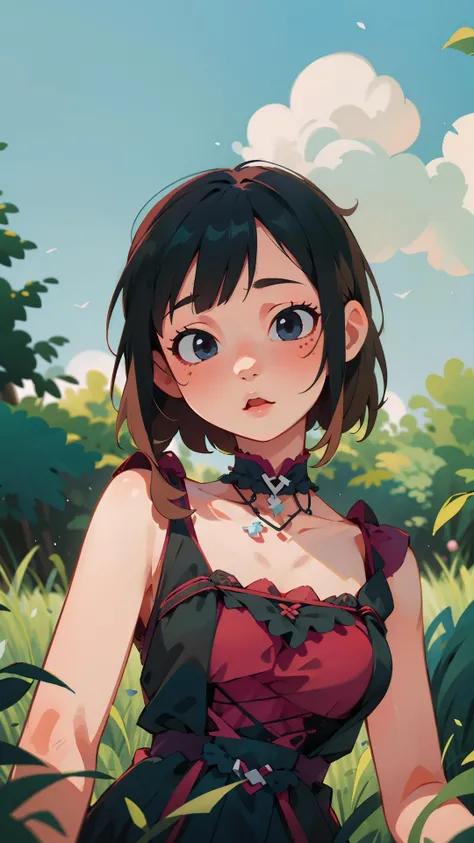 best quality, ultra high res, (photorealistic:1.4), masterpiece, highres, original, extremely detailed wallpaper,
lawn, sky,
1girl, solo, sg \(manaka nemu\), black dress,
split, <lora:è´é¢neg4all_bdsqlsz:0.8>,