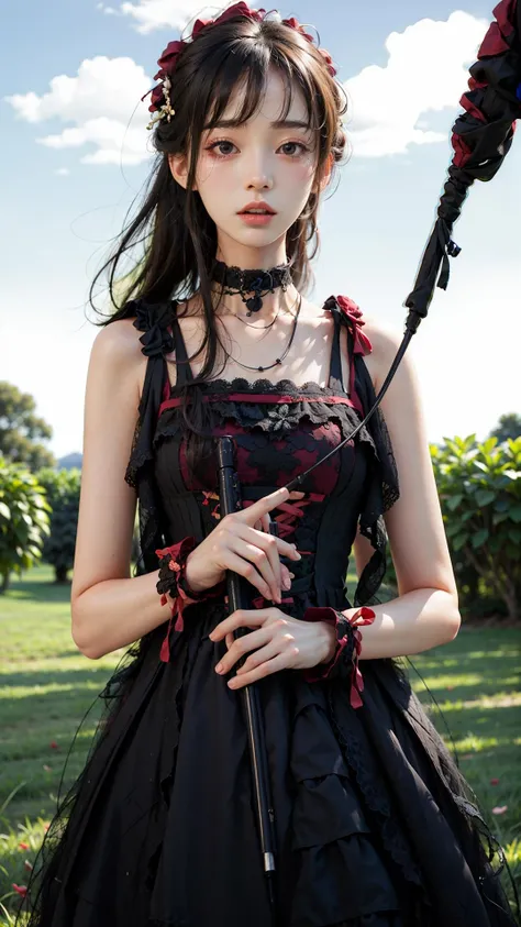 best quality, ultra high res, (photorealistic:1.4), masterpiece, highres, original, extremely detailed wallpaper, 
lawn, sky, 
1girl, solo, sg \(manaka nemu\), black dress, 
dual wielding, <lora:è´é¢neg4all_bdsqlsz:0.8>,