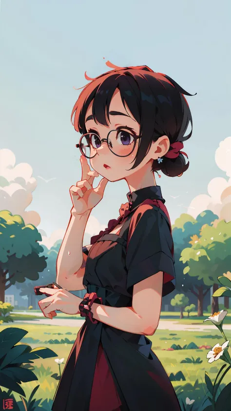 best quality, ultra high res, (photorealistic:1.4), masterpiece, highres, original, extremely detailed wallpaper, 
lawn, sky, 
1girl, solo, sg \(manaka nemu\), black dress, 
adjusting eyewear, <lora:è´é¢neg4all_bdsqlsz:0.8>,