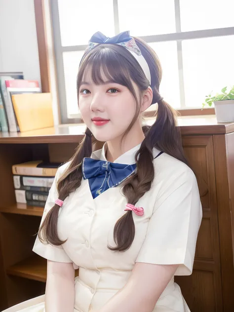 yerin in korean school uniform, pigtails hair, hair bangs, half body, smiling, flower headband, sitting
, hyper realistic lifelike texture dramatic lighting unrealengine trending on artstation,award winning photo,nikon RAW photo,8 k,Fujifilm XT3,masterpiece, best quality, realistic, photorealistic,ultra detailed,extremely detailed face,
<lora:yerin-sd1.5-n30-e555-v1-000001:0.8>