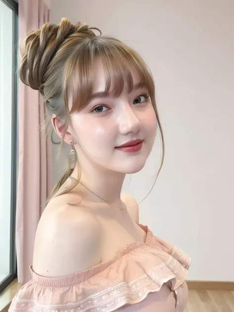yerin in rose pink off shoulder, hair tied up, brown hair, hair bangs, half body, smiling
, hyper realistic lifelike texture dramatic lighting unrealengine trending on artstation,award winning photo,nikon RAW photo,8 k,Fujifilm XT3,masterpiece, best quality, realistic, photorealistic,ultra detailed,extremely detailed face,
<lora:yerin-sd1.5-n30-e555-v1-000001:0.77>