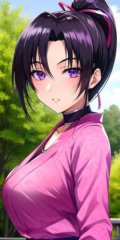 <lora:KousakaShigureV2:0.7>, kousaka_shigure, ponytail, large_breasts, standing, solo, ShigurePinkOutfit, masterpiece, best quality, detailed face, detailed eyes, highres,