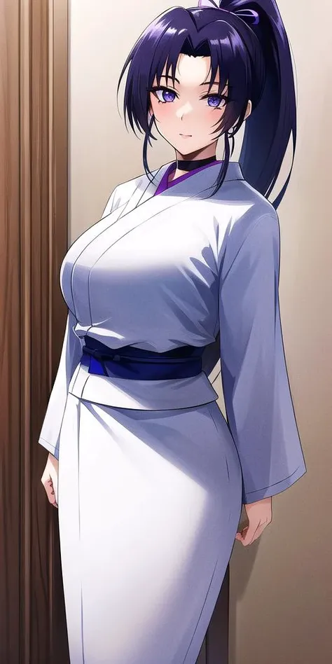 <lora:KousakaShigureV2:0.7>, kousaka_shigure, ponytail, large_breasts, standing, solo, white kimono,, masterpiece, best quality, detailed face, detailed eyes, highres,