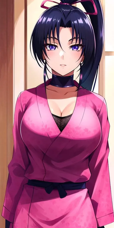 <lora:KousakaShigureV2:0.7>, kousaka_shigure, ponytail,  large_breasts, standing, solo, ShigurePinkOutfit, masterpiece, best quality, detailed face, detailed eyes, highres,