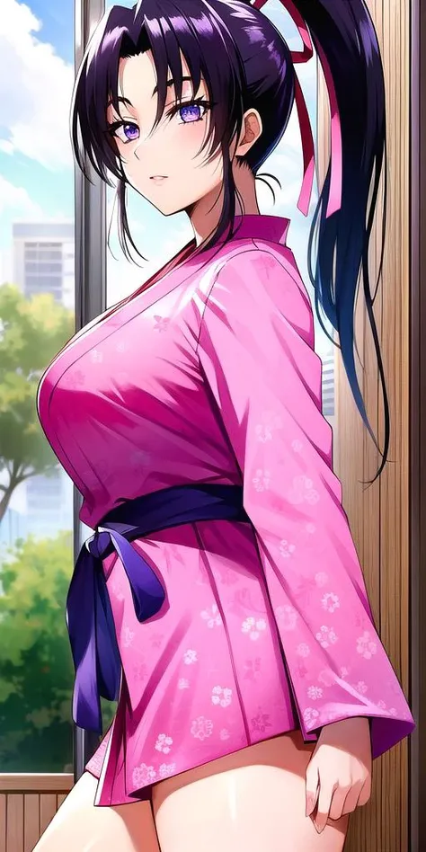 <lora:KousakaShigureV2:0.7>, kousaka_shigure, ponytail, large_breasts, standing, solo, ShigurePinkOutfit, masterpiece, best quality, detailed face, detailed eyes, highres,