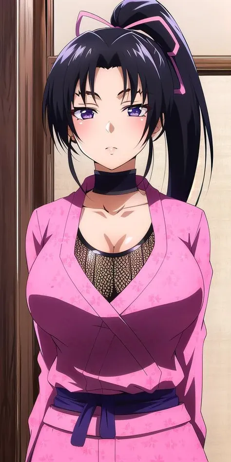 <lora:KousakaShigureV2:0.7>, kousaka_shigure, ponytail,  large_breasts, standing, solo, ShigurePinkOutfit, masterpiece, best quality, detailed face, detailed eyes, highres,