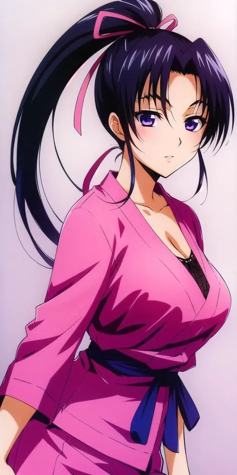 <lora:KousakaShigureV2:0.7>, kousaka_shigure, ponytail, large_breasts, standing, solo, ShigurePinkOutfit, masterpiece, best quality, detailed face, detailed eyes, highres,