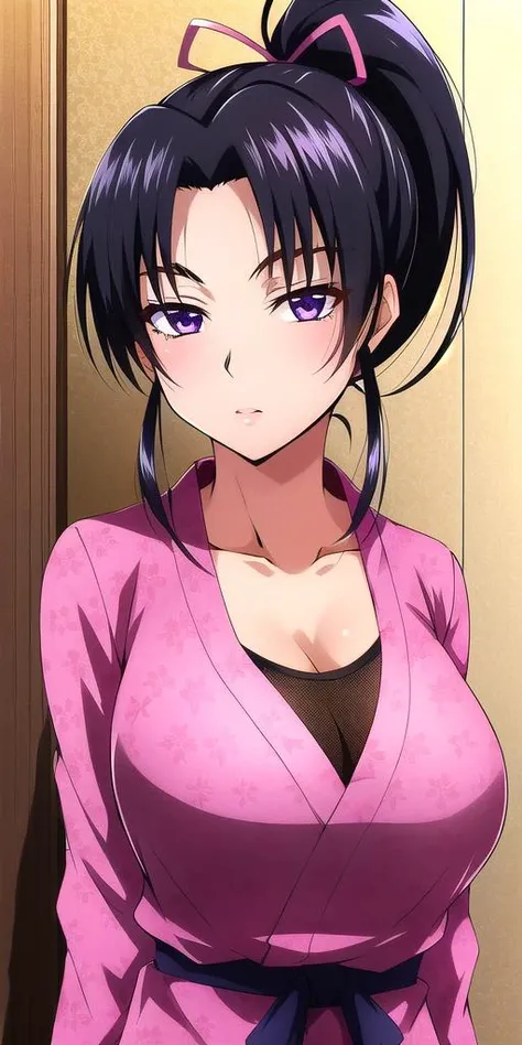 <lora:KousakaShigureV2:0.7>, kousaka_shigure, ponytail, large_breasts, standing, solo, ShigurePinkOutfit, masterpiece, best quality, detailed face, detailed eyes, highres,