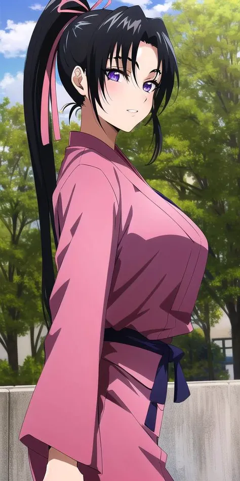 <lora:KousakaShigureV2:0.7>, kousaka_shigure, ponytail, large_breasts, standing, solo, ShigurePinkOutfit, masterpiece, best quality, detailed face, detailed eyes, highres,