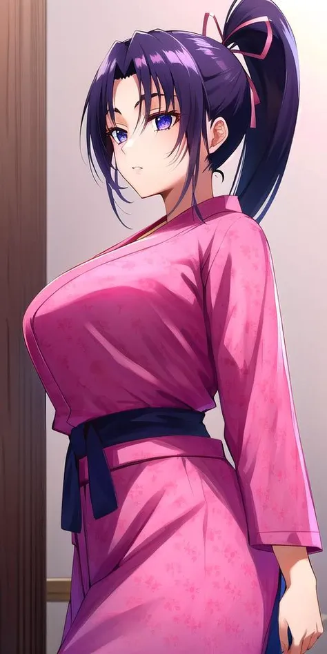 <lora:KousakaShigureV2:0.7>, kousaka_shigure, ponytail, large_breasts, standing, solo, ShigurePinkOutfit, masterpiece, best quality, detailed face, detailed eyes, highres,