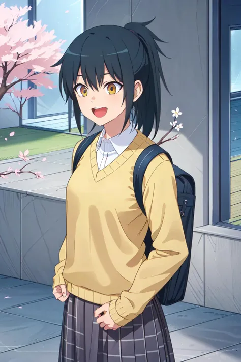 (exceptional, best aesthetic, new, newest, best quality, masterpiece, extremely detailed),<lora:Orihara_V1-000001:0.7>,orihara, solo, 1girl, black hair, yellow eyes, brown eyes,ponytail,((perfect female body, perfect eyes)),blue skirt, sweater, cowboy shot,open mouth smile, small backpack, outside, cherry blossoms, leaves flowing in the air