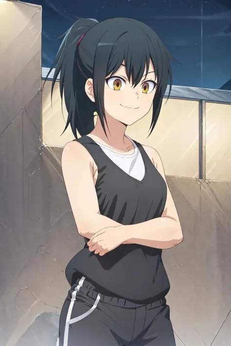 (exceptional, best aesthetic, new, newest, best quality, masterpiece, extremely detailed),<lora:Orihara_V1-000001:0.8>, orihara, solo, 1girl, black hair, shirt, ponytail ,closed mouth, smile, yellow eyes, brown eyes,((perfect female body)), smug, evil smile, open mouth, black tank top, gym shorts, cowboy shot, city street, nighttime