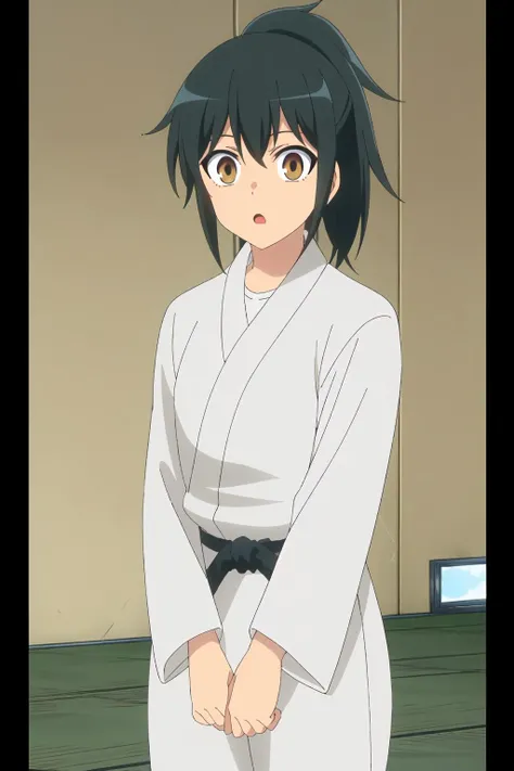 ,((best quality)),((highly detailed)),masterpiece,absurdres,detailed face,beautiful face,(detailed eyes, deep eyes),(1girl),((dynamic pose)),  <lora:OriharaV1.3:0.7>,Orihara, 1girl, solo, dougi, black hair, ponytail, looking at viewer, brown eyes, open mouth, :o, indoors, television, bangs, letterboxed, japanese clothes, belt