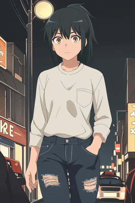 ((best quality)),((highly detailed)),masterpiece,absurdres,detailed face,beautiful face,<lora:OriharaV1.3:0.7>,Orihara,black hair,ponytail,brown eyes,bangs,yellow eyes, walking, at night, (eyes looking away from the viewer:1.3, looking away from viewer:1.3), shirt, ripped jeans, hands in pocket, nighttime, city streets, neon signs, crowd behind,