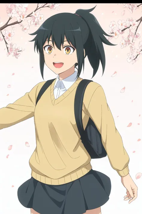 ,((best quality)),((highly detailed)),masterpiece,absurdres,detailed face,beautiful face,(detailed eyes, deep eyes),(1girl),((dynamic pose)), <lora:OriharaV1.3:0.7>,orihara, solo, 1girl, black hair, yellow eyes, brown eyes,ponytail,((perfect female body, perfect eyes)),blue skirt, sweater, cowboy shot,open mouth smile, small backpack, outside, cherry blossoms, leaves flowing in the air